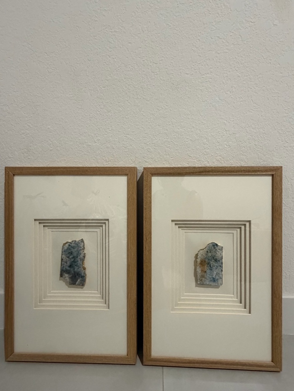 NEW Set Framed Natural Blue Agate Stone Shadow Box Art Modern Decor 15"x22"